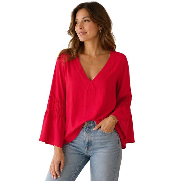 Michael korse Tops - Michael Michael Kors Red V-Neck Blouse Womens Large Long Sleeve Smocked Sleeve